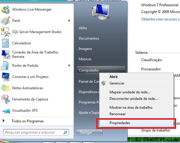 Abrindo Propriedades do Windows