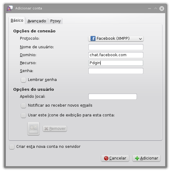 Configurando conta do Facebook