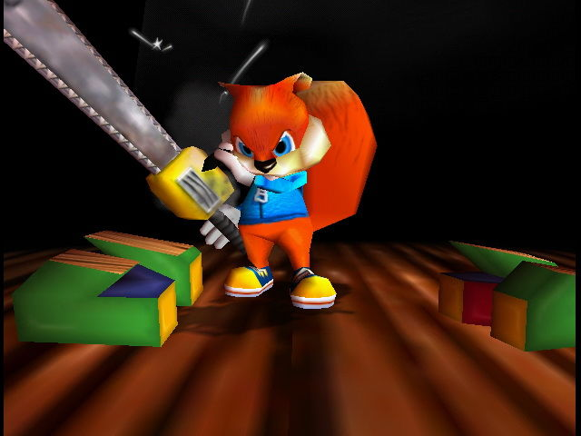 Conker cortando o logo do Nintendo 64